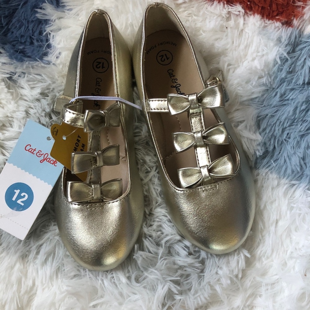 Cat & Jack Girls Gold Metallic Triple-Bow Mary Jane Shoes